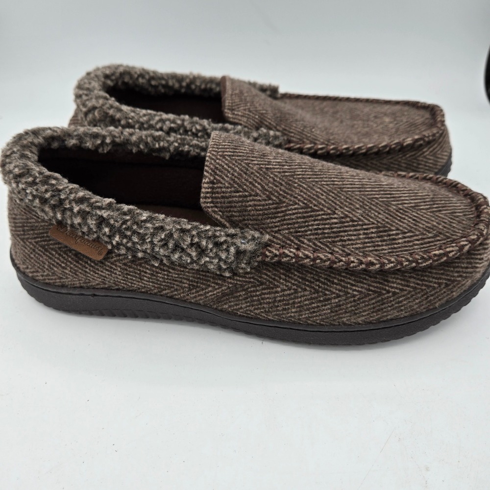 Dearfoams Men Herringbone Tweed Lined Slip On Moc‎ Toe Slippers Brown M 9-10 NEW